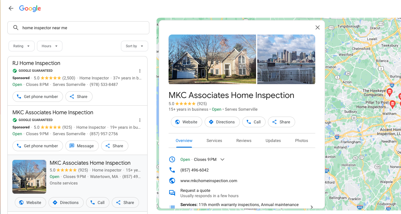 A picture of Google search results for "home inspector near me" showing a home inspector's business titled MKC Associates Home Inspection Google Business Profile.
