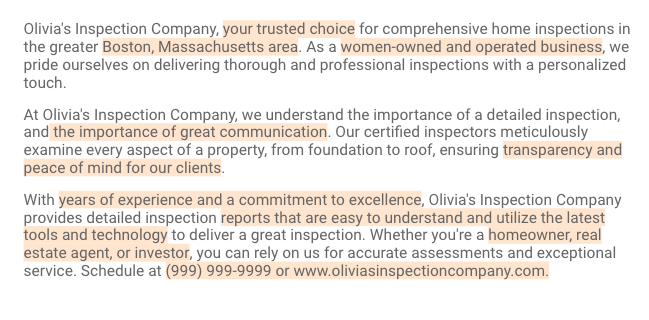 An example business description for a fictional home inspection company titled Olivia's Home Inspection Company includes, with key points highlighted.
